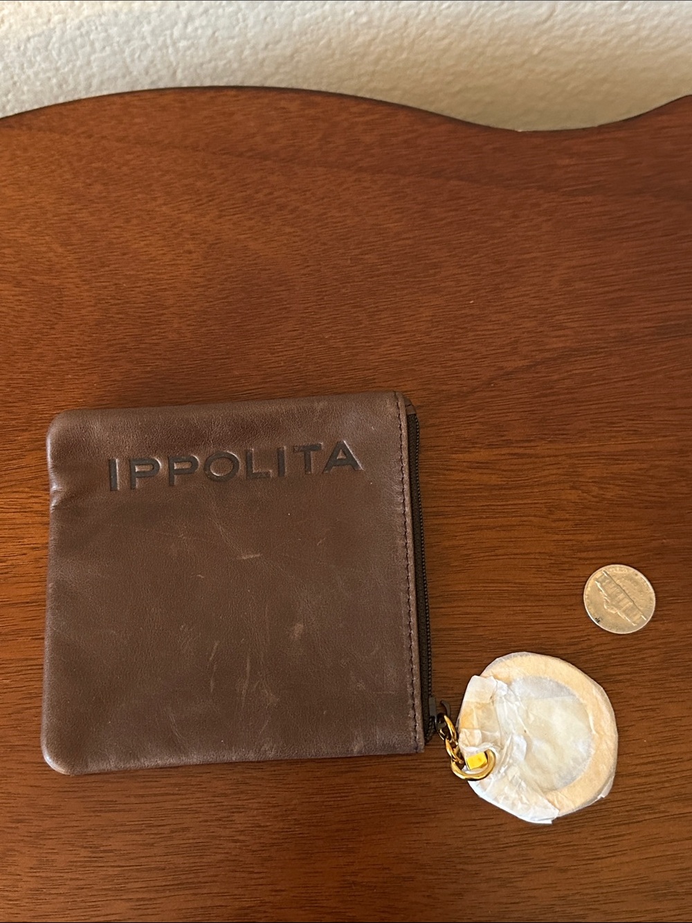 Ippolita Brown Leather Zip Card Holder with Embossed Logo